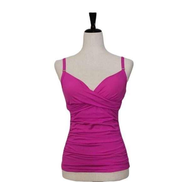 Calvin Klein Pink V-neck Ruched Side UV Protection Tankini Swimsuit Tank Top S - Picture 1 of 7